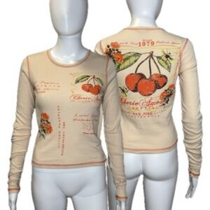 Urban Outfitters Cherries Graphic Print Baby Tee Womens Size XS Long Sleeve Y2K